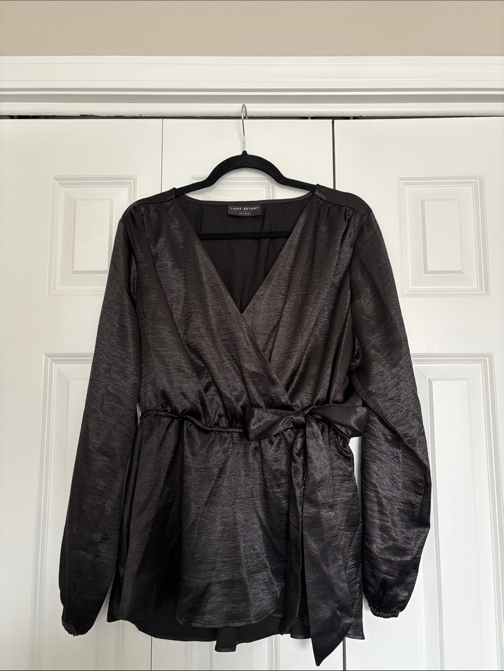 Lane Bryant Shimmery Black Faux Wrap Top with Self Tie - Size 14